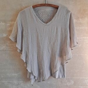 509a. beige Apt. 9 asymmetrical poncho blouse with crochet lace detail, M